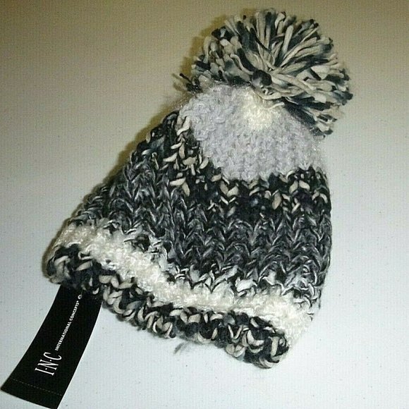 INC International Concepts designer POM black acrylic cable knit beanie SKI hat - Picture 3 of 3